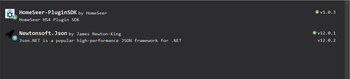 A list of installed NuGet packages showing HomeSeer-PluginSDK and Newtonsoft.Json packages.